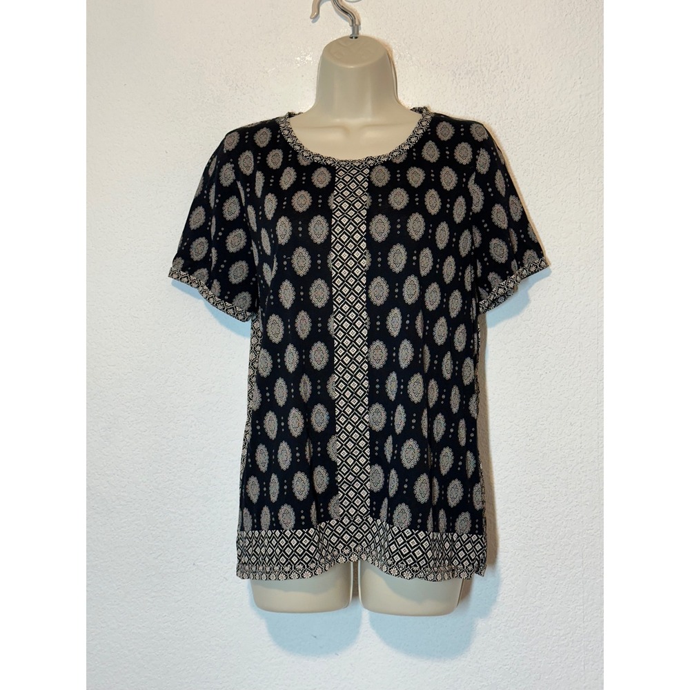 J.Crew Womens Black Cream Medallion Geometric Tile Print Cotton Blouse Large
